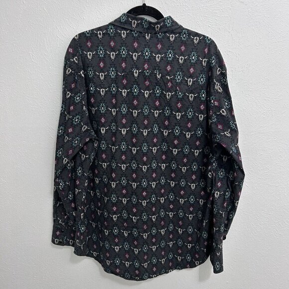 Rock & Roll Denim Green Southwestern Cattle Skull Print Long Sleeve Snap Size XL - Picture 7 of 11